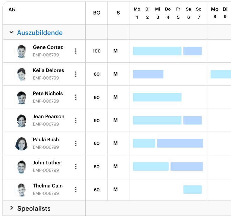 OrgApp automated shift schedule view with pre-filled weekly employee calendar