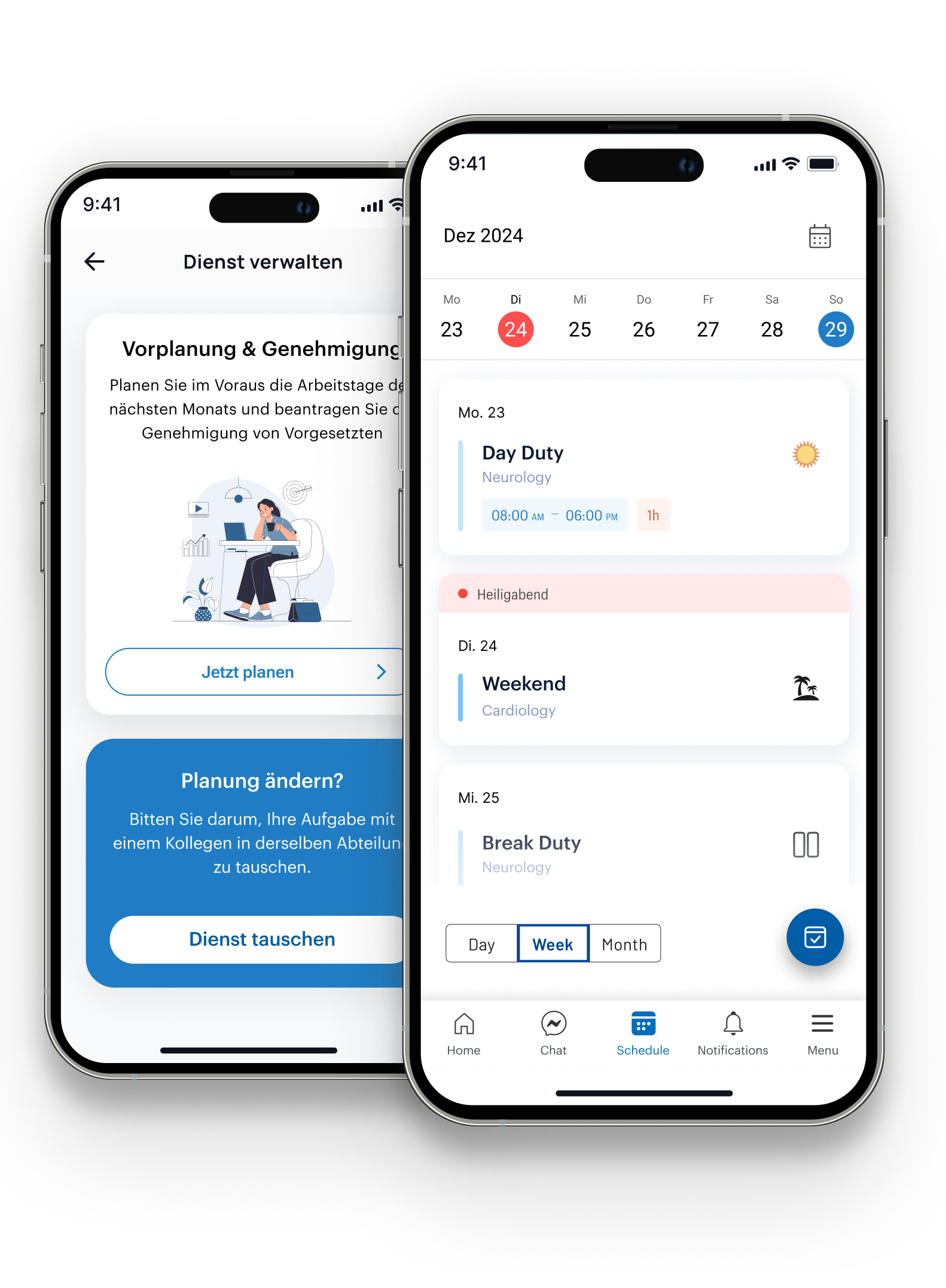 OrgApp mobile app screenshot showing shift schedule on smartphone